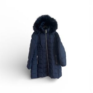 Michael Kors Dark Blue Puffer Coat with Faux Fur Trim